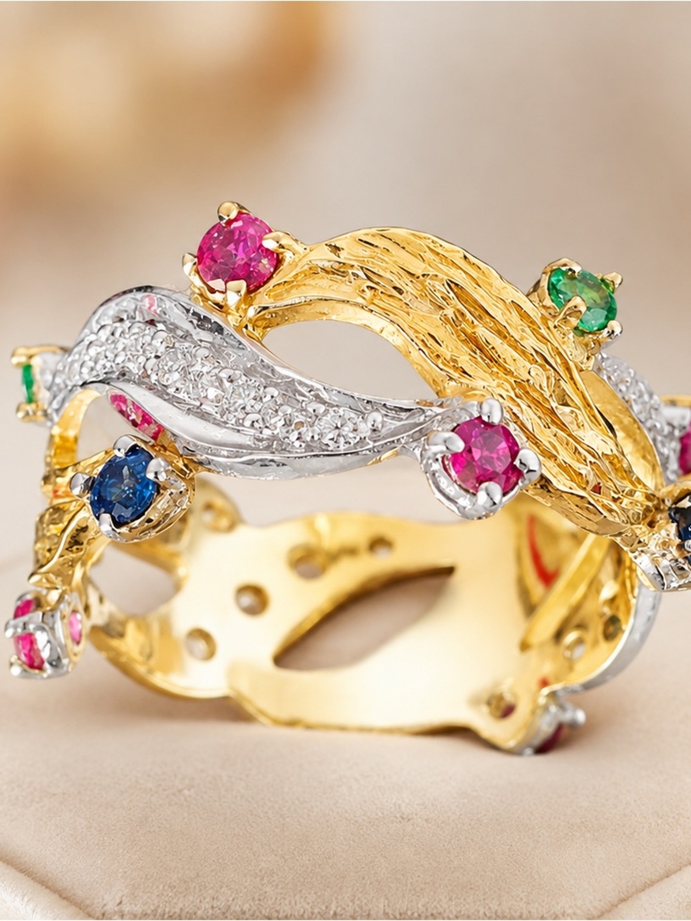 18k Gold Emerald Ruby sapphire & diamond ring band